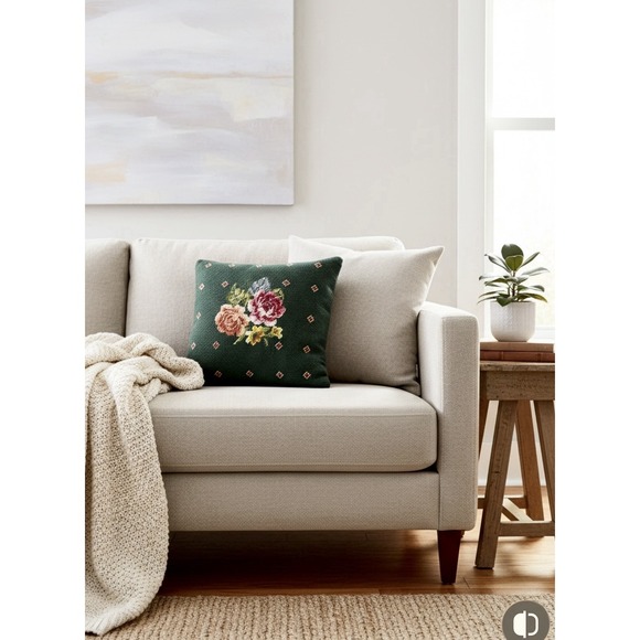 Handmade English Tapestry Green Rose Floral Pillow Wool And Velvet Cottagecore